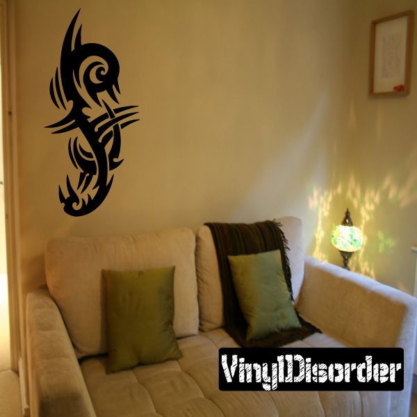 Tribal vinyl wall decal, black dragon-like scorpion design with curling tail