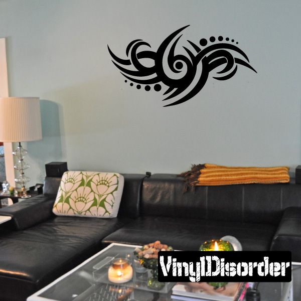 Tribal vinyl wall decal, black swirl and wing shapes with dotted accents