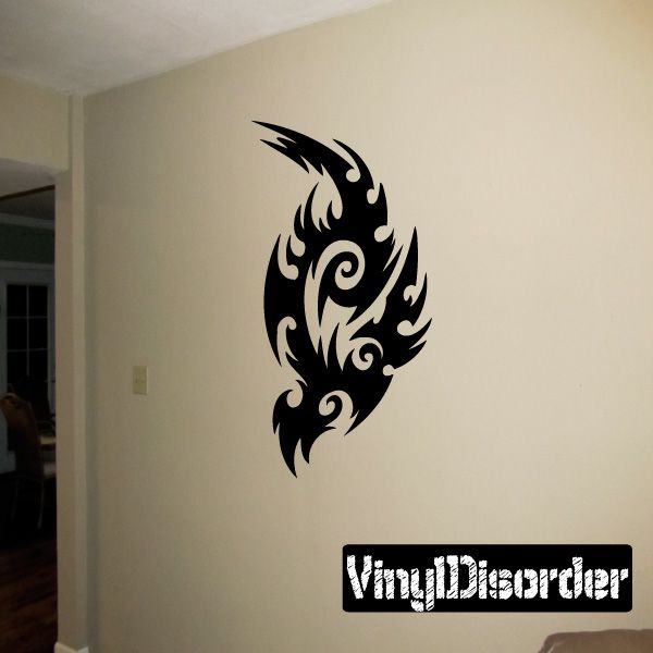 Black tribal flame vinyl wall decal with swirling ornament