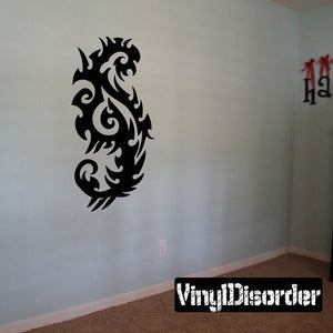 Black tribal vinyl wall decal with flame and scroll design
