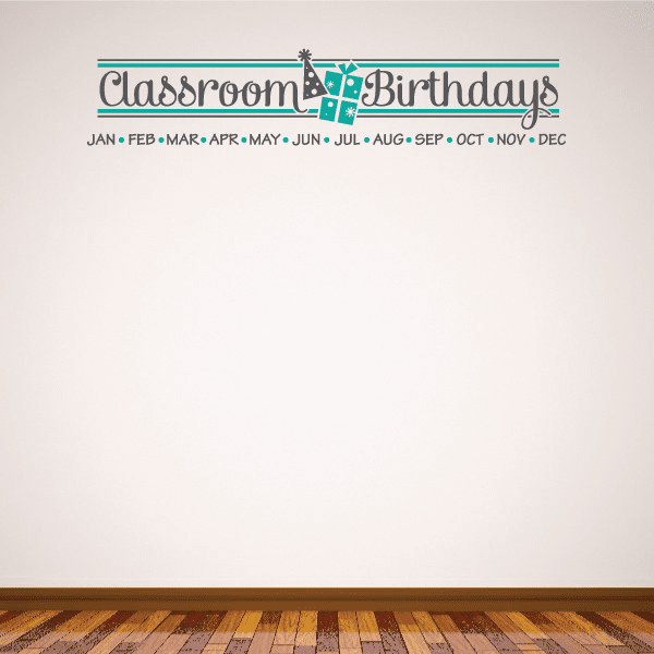Classroom birthdays wall decal with printed months and turquoise star accents