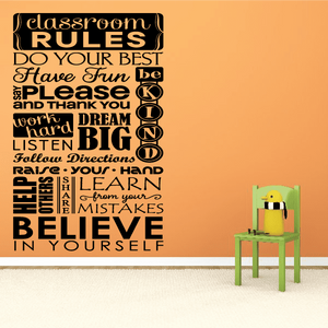 Classroom rules wall decal with layered black typography and motivational quotes.