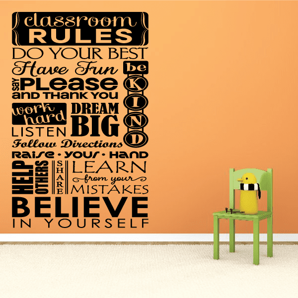 Classroom rules wall decal with layered black typography and motivational quotes.