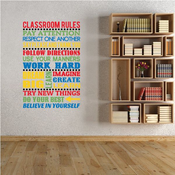Classroom rules word collage die-cut decal with colorful motivational text