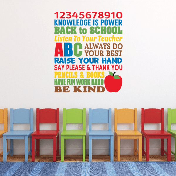 Classroom word collage decal with colorful numbers, quotes, ABC text, and red apple
