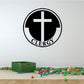 Clergy cross outline decal, round black design with white cross and CLERGY lettering