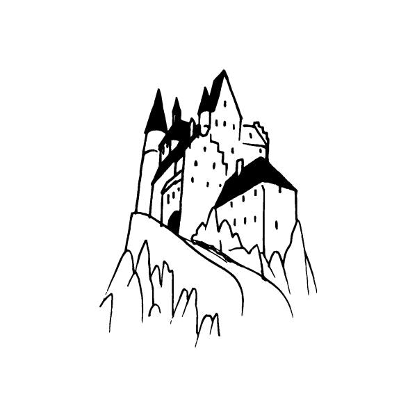 Cliffside castle decal with black line-art fortress on rocky cliff