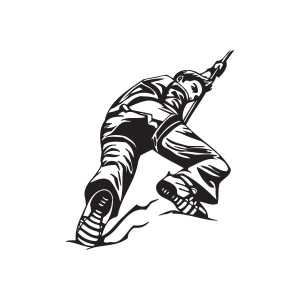 Rock climbing decal of black-and-white climber reaching a summit with rope