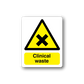 Clinical waste sticker with yellow hazard triangle and “Clinical waste” text
