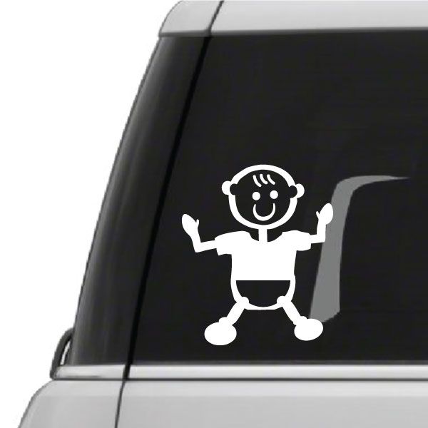 Baby brushed hair decal: white cartoon baby with arms up on dark window