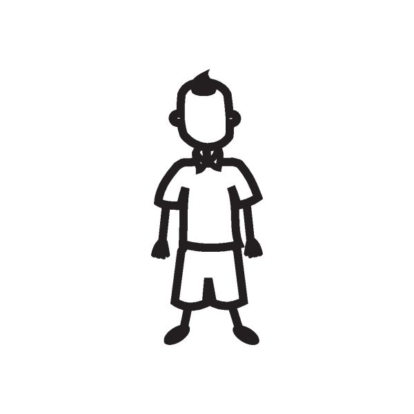 Baby no-face figure decal with bowtie, black silhouette on white background