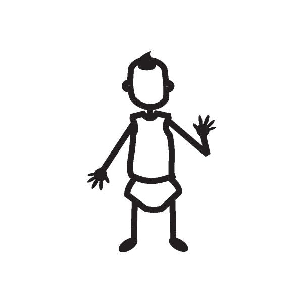 No-face clothed figure decal, left hand waving, black outline