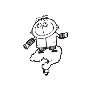 Cloud kid decal: cartoon child in coat, waving arms on a cloud, black outline