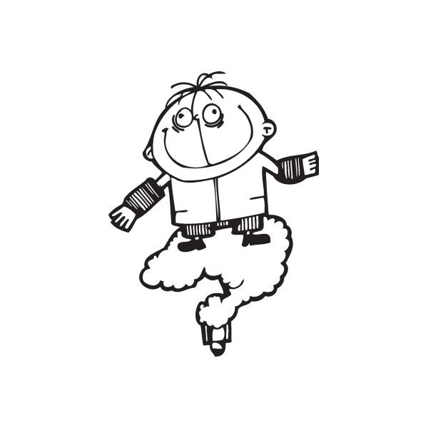 Cloud kid decal: cartoon child in coat, waving arms on a cloud, black outline