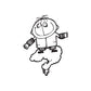 Cloud kid decal: cartoon child in coat, waving arms on a cloud, black outline