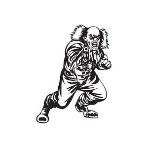 Clown aiming gun decal with black-and-white smiling jester holding a pistol