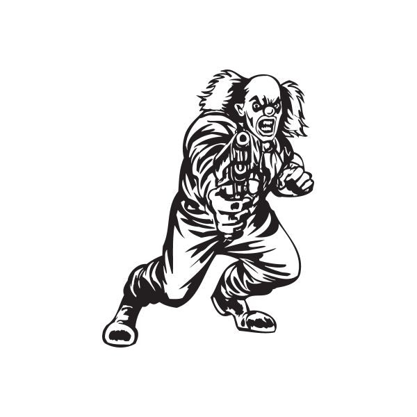 Clown aiming gun decal with black-and-white smiling jester holding a pistol