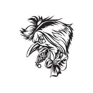 Clown eating grenade decal, black-and-white face with feathers and flower