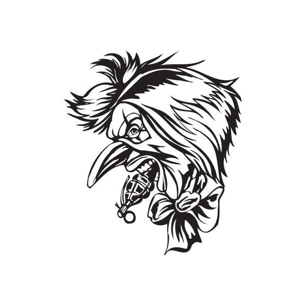Clown eating grenade decal, black-and-white face with feathers and flower
