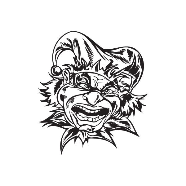Clown head decal with smiling face and detailed black line-art illustration