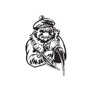 Clown holding double knives decal, black-and-white line art sticker