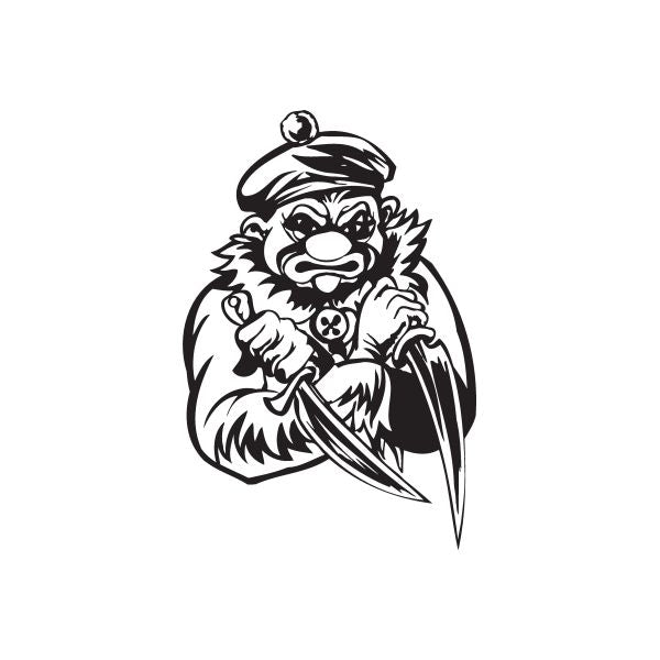 Clown holding double knives decal, black-and-white line art sticker