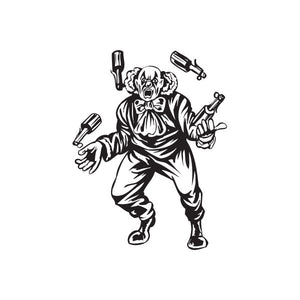 Clown juggling bottles decal, black-and-white character with juggling props