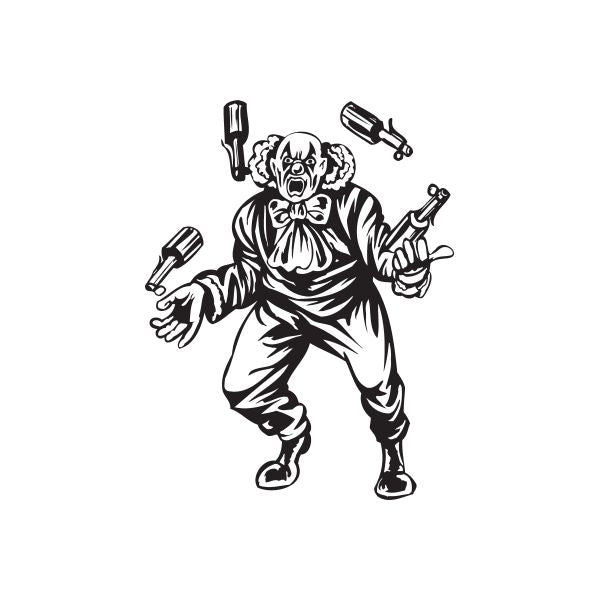 Clown juggling bottles decal, black-and-white character with juggling props