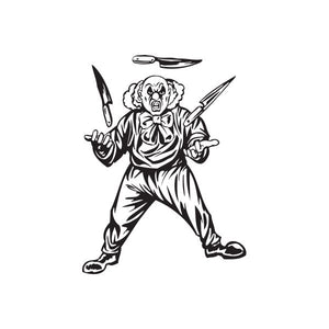 Clown juggling knives decal, black-and-white cartoon clown holding three knives