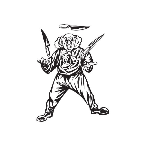 Clown juggling knives decal, black-and-white cartoon clown holding three knives