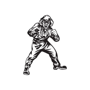 Clown pointing finger decal: black-and-white cartoon clown