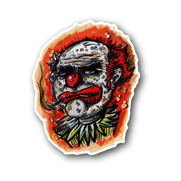Vinyl sticker of a clown face with red eyes and a smoking joint, round die-cut