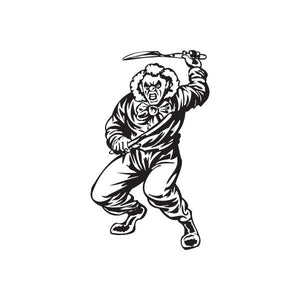 Clown throwing razors decal sticker, black line art of clown with razor in hand