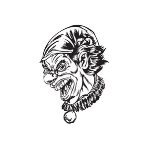 Clown face collar decal, black and white line art with open mouth