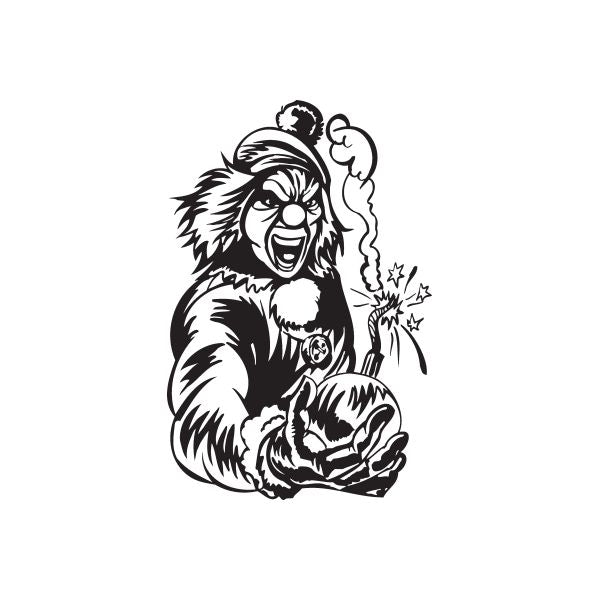 Clown with bomb decal featuring black line art of a clown face, bomb, and star bursts