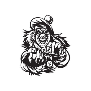 Clown with dice vinyl decal, black-and-white graphic