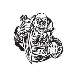 Clown decal holding two knives, black and white graphic