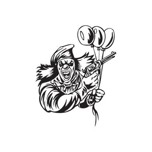Clown decal showing a cheering clown holding a gun and three balloons, black outline