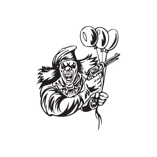Clown decal showing a cheering clown holding a gun and three balloons, black outline