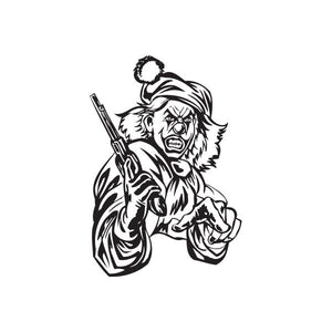 Black and white clown decal of a grinning clown holding a handgun