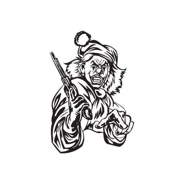 Black and white clown decal of a grinning clown holding a handgun