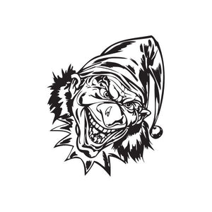 Clown face decal with jester hat, black and white line art