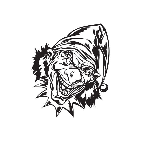 Clown face decal with jester hat, black and white line art