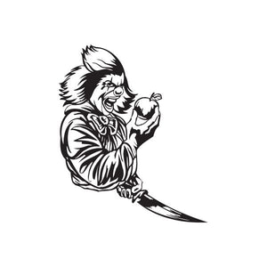 Clown decal holding knife and apple, black-and-white line art