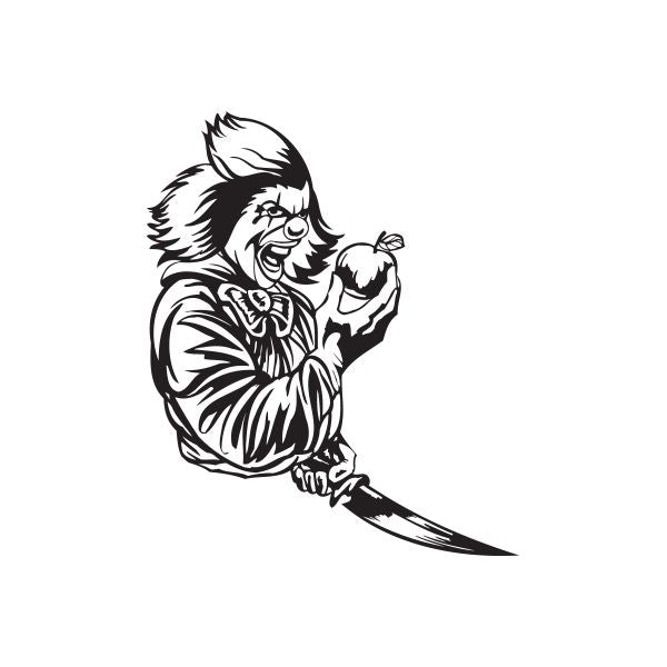 Clown decal holding knife and apple, black-and-white line art