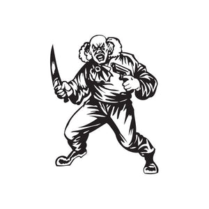 Clown decal holding a knife and a handgun in a menacing stance