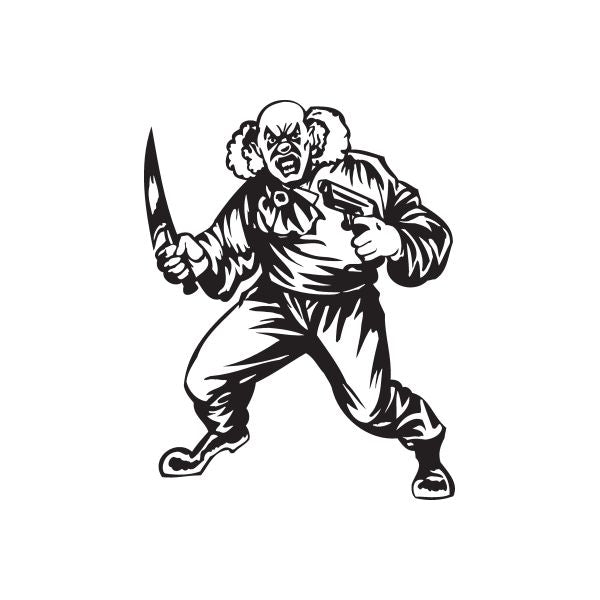 Clown decal holding a knife and a handgun in a menacing stance