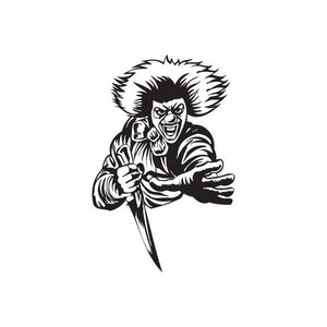 Clown with knife grabbing decal, black-and-white line art