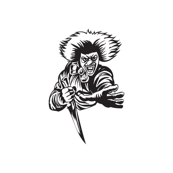Clown with knife grabbing decal, black-and-white line art