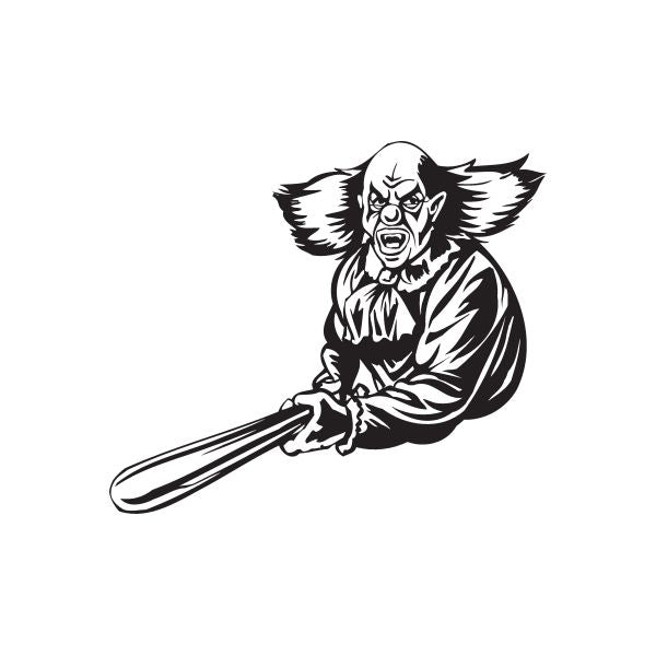 Clown with poking stick decal in black and white, stylized face and wings